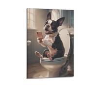 Dog Looking at Phone on Toilet Posters Canvas Wall Art Posters Living Room Poster Bedroom Painting Frame-style 12x18inch(30x45cm)