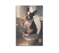 Dog Looking at Phone on Toilet Posters Canvas Wall Art Posters Living Room Poster Bedroom Painting Unframe-style 24x36inch(60x90cm)