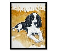 Dog Lover English Springer Spaniel in Wheat Field Framed Wall Art Artery8 Mustard W12 inch x H16 inch