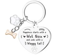 Dog Memorial Gifts Keyring for Men - Pet Loss Sympathy Keychain for Women Owner Silver, Cute Heart Puppy Charm Present for Animal Lovers Girls Boys Happiness Starts with A Wet Nose