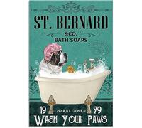 Dog Metal Tin Sign St Bernard Co.Bath Soap Wash Your Paws Funny Poster Cafe Bathroom Toilet Kitchen Living Room Home Art Wall Decoration 8x12 Inch