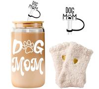 Dog Mom Gifts for Women Mothers Day Best Dog Mom Gifts Basket Iced Coffee Glass Cup with Lid Straw, Fur Lovers Christmas Gifts for New Puppy Fur Baby Owners - Including Straw Cap, Cozy Socks