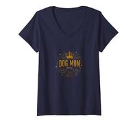 Dog Mom Queen Regal Pet Lover V-Neck T-Shirt, Women, Navy, M