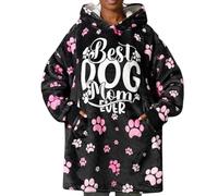 Dog Mum Gifts for Women, Wearable Blanket Hoodie for Adults, Oversized Flannel Hooded Blanket Big Sweatshirt, One Size 170x122 CM, Black