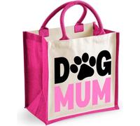 Dog Mum - Midi Small Handle Jute Bag - Dog lover present (Pink)