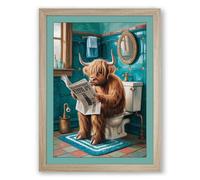 Dog on the Toilet Modern Framed Wall Art Print A4 (29.7×21cm) Oak, Wall Decor for Living Room, Bedroom, Office & Home, Ready to Hang, Art Gift