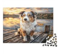 Dog on Wooden Dock 1000 Piece Jigsaw Puzzle for Adults Sunset View Puzzle Game for Family Relaxation Home Decor 38x26cm/1000pcs