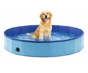 dog paddling pool - round blue dog pool 160x30 cm - durable plastic - foldable - no pump needed - with drain valve - summer - like dog cooling mat