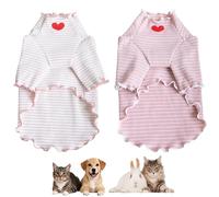 Dog Pajamas Cotton Striped 2Pcs Pup Jumpsuit with Love Heart Embroidery Teacup Poodles Breathable Cat Puppy Clothes PJs (Deep/Soft Pink, 2X-Small)