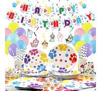 Dog Party Decorations - Puppy Dog Paw Party Supplies, Pawty Puppy Plates, Cups, Napkins, Tablecloth, Banner, Balloons, Cake Toppers for Doggy Tableware Birthday Party - Serves 20
