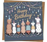 Dog Party Happy Birthday Card - 145mm x 145mm Square Greeting Card with Kraft Envelope, Cute Dogs in Party Hats, Fun for Dog Lovers, Blank Inside