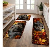 Dog Pattern Kitchen Mats for Floor, Autumn Leaves Stained Glass Style Soft Mats, Cushioned Comfort Washable Non Slip Decor Rugs for Kitchen Sinks Laundryroom Bathroom 3Pcs
