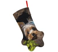 Dog Paw A Yorkshire Terrier Nestled in A Hole Christmas Stocking Ornaments 17" Pet Christmas Sock with Hanging Rope Xmas Tree Hanging Stocking Decoration for Fireplace Mantel Decor