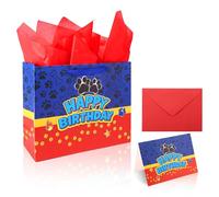 Dog Paw Birthday Gift Bags, 12.6x10.2in Dog Themed Goodie Bags with Tissue Paper Envelope & Greeting Card Suitable for Birthdays Christmas Holiday Parties