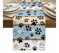 Dog Paw Cat Paw Table Runner 13 x 36 Inch, Brown Blue Wood Grain Washable Cotton Linen Dining Table Runner Tabletop Decorations for Restaurant Home Kitchen Party