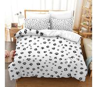 Dog Paw Prints 2 Pieces Pure Polyester Black And White Pattern Style Double Duvet Cover Set, Matching Pillow Cases, Invisible Zip, Housewarming Gift, Year Round Machine Washable Soft Single（135x200cm）