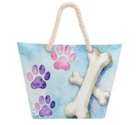 Dog Paw Prints Bones Large Tote Bag for Women, Waterproof Durable Beach Bag with Hemp Rope Handle, Multifunctional Hemp Rope Shopping Bag for Beach Park Travel Work Daily Use