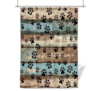 Dog Paws Shower Curtain for Bathroom, Blue Brown Wood Grain Waterproof Cloth Fabric Bathroom Accessories Set with 12 Rust Proof Plastic Hooks, 66” x 72”