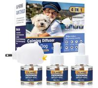 Dog Pheromone Calming Diffuser 4 In 1 Appeasing Pet Pheromones Diffuser to Calm Kit (Plug in+ 3 Pack 48ml Refill) for Anxiety Relief Reduce Barking Aggression Fighting Stress 90 Day Supply(Tasteless)