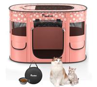 Dog Playpen, Portable Pet Cat PlayPen, 600D Oxford Dog Kennel Tent Crate, Waterproof&Breathable, Indoor Outdoor Travel Camping for Medium/Large Breed with Carrying Case+Bowl(M), Light Pink Flowers