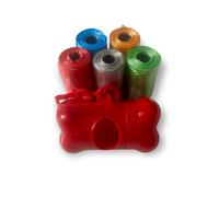 Dog Poo Bag Dispanser, Bone Shape Dog Poo Bag Holder, Different Unique Colours Dog Poo Bag Holder with Random Colour Poop Bags (Red, 5 Rolls of Poo Bags (75 Count))