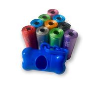 Dog Poo Bag Dispanser, Bone Shape Dog Poo Bag Holder, Different Unique Colours Dog Poo Bag Holder with Random Colour Poop Bags (Blue, 10 Rolls of Poo Bags (150 Count))