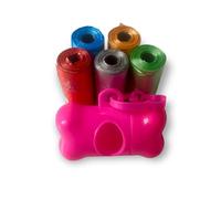 Dog Poo Bag Dispanser, Bone Shape Dog Poo Bag Holder, Different Unique Colours Dog Poo Bag Holder with Random Colour Poop Bags (Pink, 5 Rolls of Poo Bags (75 Count))