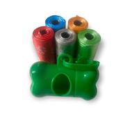 Dog Poo Bag Dispanser, Bone Shape Dog Poo Bag Holder, Different Unique Colours Dog Poo Bag Holder with Random Colour Poop Bags (Green, 5 Rolls of Poo Bags (75 Count))