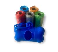 Dog Poo Bag Dispanser, Bone Shape Dog Poo Bag Holder, Different Unique Colours Dog Poo Bag Holder with Random Colour Poop Bags (Blue, 5 Rolls of Poo Bags (75 Count))