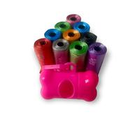 Dog Poo Bag Dispanser, Bone Shape Dog Poo Bag Holder, Different Unique Colours Dog Poo Bag Holder with Random Colour Poop Bags (Pink, 10 Rolls of Poo Bags (150 Count))
