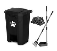 Dog Poop Waste Can for Outdoors Pet Waste Station with Lid Hands-Free Pedal Durable PVC Container Garden Home Yard with Dog Poop Tray and Rake 180PCS Black Trash Bags, Black B-15-B-RB180-CZ