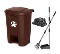Dog Poop Waste Can for Outdoors Pet Waste Station with Lid Hands-Free Pedal Durable PVC Container Garden Home Yard with Dog Poop Tray and Rake 180PCS Black Trash Bags, Brown B-15-BR-RB180-CZ
