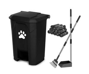 Dog Poop Waste Can for Outdoors Pet Waste Station with Lid Hands-Free Pedal Durable PVC Container Garden Home Yard with Dog Poop Tray and Rake 180PCS Black Trash Bags, Black B-15-B-RB180-CZ