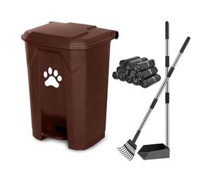 Dog Poop Waste Can for Outdoors Pet Waste Station with Lid Hands-Free Pedal Durable PVC Container Garden Home Yard with Dog Poop Tray and Rake 180PCS Black Trash Bags, Brown B-15-BR-RB180-CZ