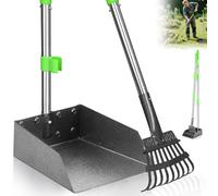 Dog Pooper Scooper Tray & Shovel with Adjustable Long Handle, Stainless Steels Heavy Duty Poop Picker Upper for Large Medium Small Dogs, Portable Metal Rake & Scoop Kit for Yard, Grass, Garden Leaves