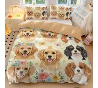 Dog Portrait Duvet Cover Watercolor Puppy Bedding, Cute Cartoon Animal Print, Floral Dog Duvet Cover, Soft Pet Lover Gifts for Women (style3,King 240x220cm+65x65cm*2)