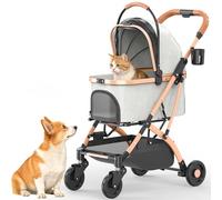Dog Pram, Foldable Pet Stroller, Aluminum Alloy Frame for Small & Medium Cats/Dogs, with Wear-Resistant High-Density PU Wheels, Removable Washable Pad, Cup Holder, One-Key Brake & Shock Absorption