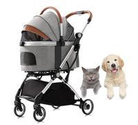 Dog Pram Pushchair Foldable Pet Strollers with Rain Cover, Dog Stroller for Medium Small Dogs, Separable Pet Cat Dog Stroller Trolley Travel Carrier with Cup Holder (Grey A)