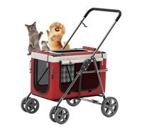 Dog Pram Stroller for 2 Dogs Cats Puppy & Kitten, Dog Strollers for Small Dogs, Lightweight Cat Stroller Travel Carrier Cart Pet Pram Pushchair for Cat, Dog and More (Red)