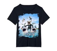 Dog Pug Riding Shark Sharks at Beach Ocean Funny T-Shirt, Women's Plus, Black, 6X