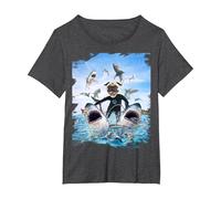 Dog Pug Riding Shark Sharks at Beach Ocean Funny T-Shirt, Women's Plus, Dark Heather Grey, 2X
