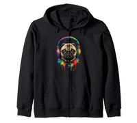 Dog Pug Wearing Headphones Cute Colorful Pug Music Zip Hoodie