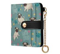 Dog Pugs Hearts Blue Print Small Women Wallet RFID Blocking Bifold PU Leather Compact Card Holder with Zipper Coin Pocket Purse for Ladies Women Girls