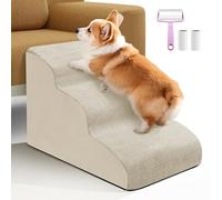 Dog Ramp 3 Steps for Small Dogs and Cats Straw Yellow, Pet Stair for Sofa and Bed Non-Slip Foam Dog Steps with Removable Washable Cover, Send Lint Sticky Roller Set