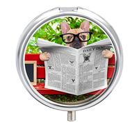 Dog Reading at Newspaper in The Park Iron Pill Box Case Organizer with Internal Separate Plastic Dividers, Travel Small Medicine Bag Holder Carrier Round Container