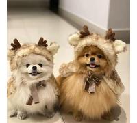 Dog Reindeer Costume for Holiday - Winter Fluffy Pet Cloak with Antlers Warm Festival Elk Hoodie Cape Outfit for Small Medium Dogs Cats Cosplay Dress Party Wear (#1,L)