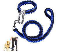 Dog Rope Heavy Duty Dog Woven Leash Collar Set Nylon Eight Strand Braided Lead Pet Walking Training Rope Non-slip Handle Collar for Small Medium Large Dogs (Black+Blue, XL)
