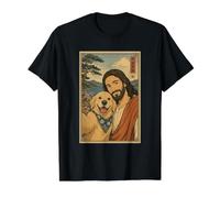 Dog Selfie with Jesus Christ Gentle Ukiyo-e Japanese Art Value Graphic T-Shirt, Men, Black, XL