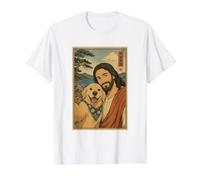 Dog Selfie with Jesus Christ Gentle Ukiyo-e Japanese Art Value Graphic T-Shirt, Men, White, XL