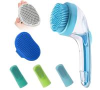 Dog Shampoo Shower Brush: Blue, Silicone Bristles, Bubble Maker Massager, Ergonomic Grip Handle, Self Cleaning Suction Base, Foam Uniform Distribution | P